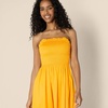 Amazon Essentials Women’s Regular-Fit Cotton Sateen Smocked Bodice Midi Dress with Removable Straps, A-line Ruffle(Golden Yellow)