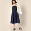 Amazon Essentials Women’s Regular-Fit Cotton Sateen Smocked Bodice Midi Dress with Removable Straps, A-line Ruffle(Navy)