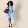 Amazon Essentials Women’s Regular-Fit Cotton Sateen Tiered Shirt Dress with Puff Shoulder Sleeves, Collar Band, Button-Front(Blue White Stripe)