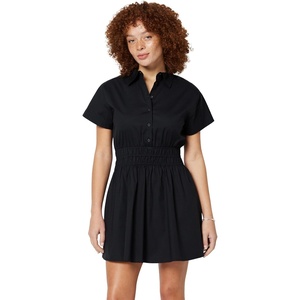 Amazon Essentials Women’s Fit & Flare Cotton Poplin Collared Short Sleeve Dress with Elastic Waist(Black)