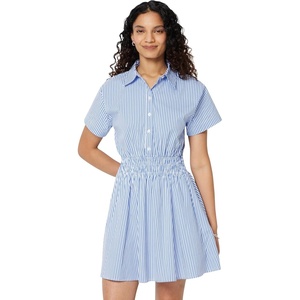 Amazon Essentials Women’s Fit & Flare Cotton Poplin Collared Short Sleeve Dress with Elastic Waist(Blue Even Stripe)