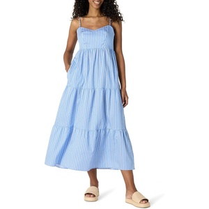 Amazon Essentials Women’s Fit and Flare Empire Waist Sweetheart Neck Cotton Sateen Tiered Maxi Dress(Blue White Stripe)
