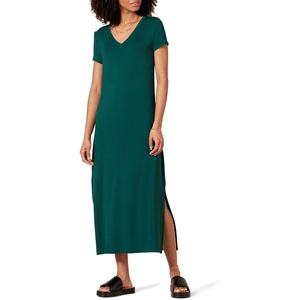 Amazon Essentials Women’s Regular Fit V-Neck Short Sleeve Midi Length T-Shirt Dress, Soft Viscose Stretch Jersey, Side Slits(Dark Green)