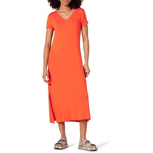 Amazon Essentials Women’s Regular Fit V-Neck Short Sleeve Midi Length T-Shirt Dress, Soft Viscose Stretch Jersey, Side Slits(Orange)