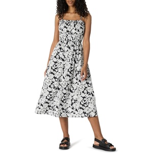 Amazon Essentials Women’s Regular-Fit Cotton Sateen Smocked Bodice Midi Dress with Removable Straps, A-line Ruffle(Black Ivory Folk Floral)