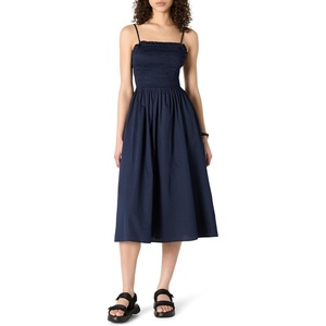 Amazon Essentials Women’s Regular-Fit Cotton Sateen Smocked Bodice Midi Dress with Removable Straps, A-line Ruffle(Navy)
