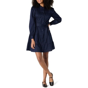 Amazon Essentials Women’s Regular-Fit Cotton Sateen Tiered Shirt Dress with Puff Shoulder Sleeves, Collar Band, Button-Front(Navy)