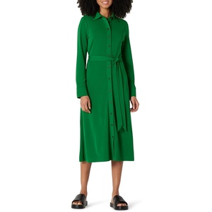 Amazon Essentials Women’s Regular-Fit Matte Jersey Midi Length Dress with Classic Collar, Button Front, Removable Belt(Emerald Green)