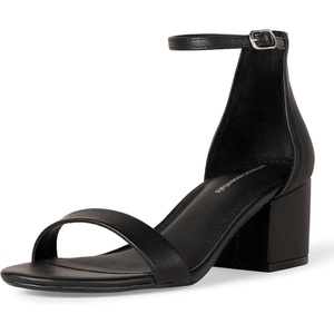 Amazon Essentials Women’s Two Strap Heeled Sandals with Adjustable Ankle Strap, Padded Memory Foam Insole(Black Faux Leather)