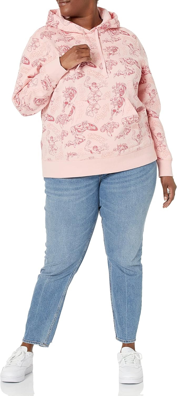 image:imageAmazon Essentials Disney Marvel Star Wars Princess Womens Fleece Hooded Pullover Sweatshirts Available in Plus SizePink Marvel Avengers