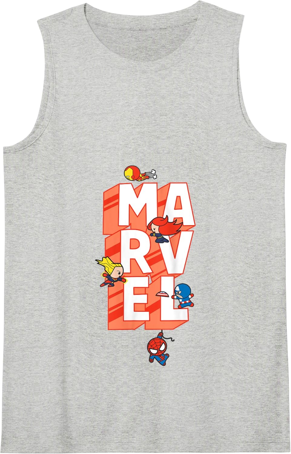 image:imageAmazon Essentials Marvel Block Letters With Five Tiny Super Heroes Tank TopHeather Grey