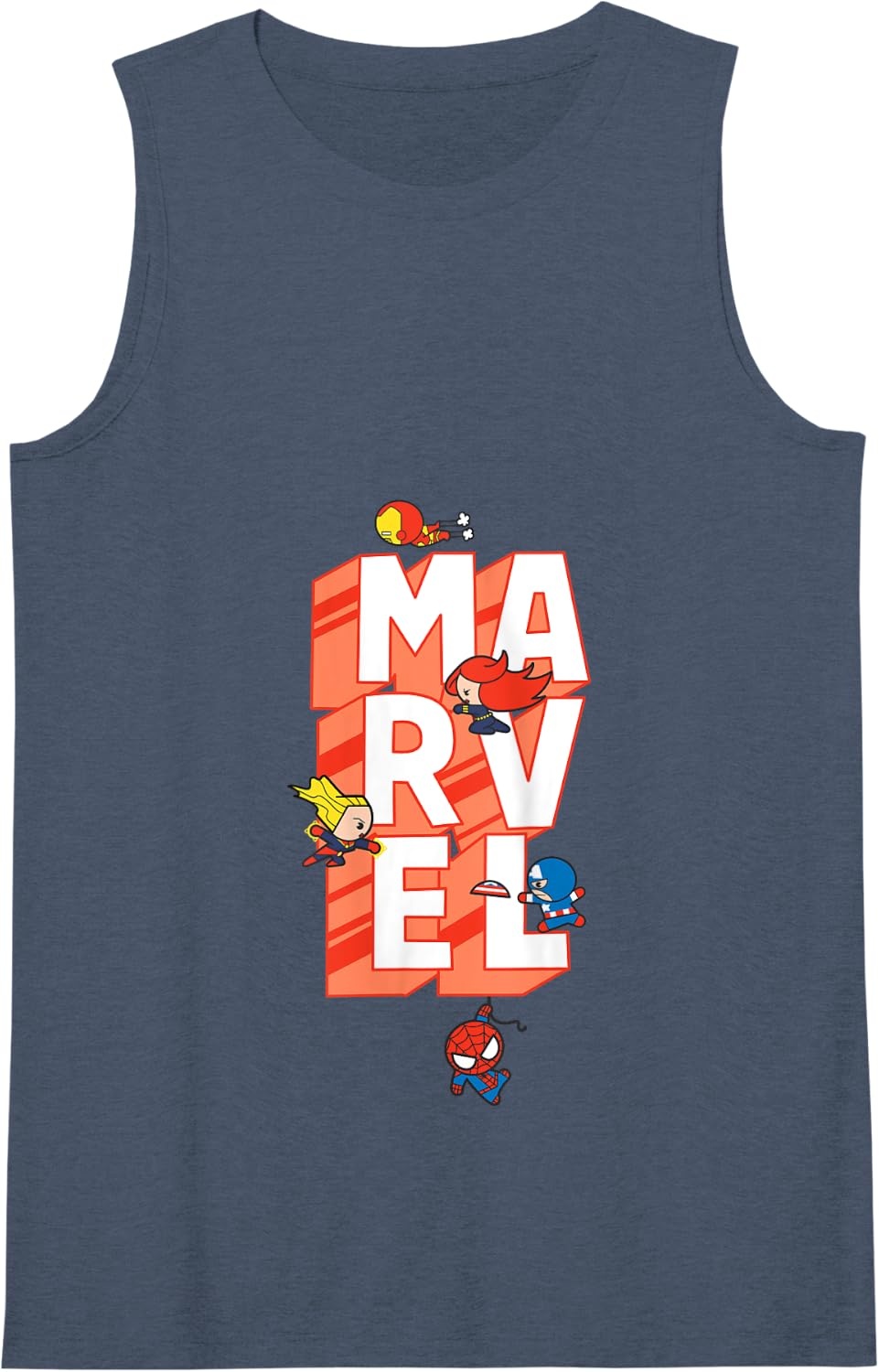 image:imageAmazon Essentials Marvel Block Letters With Five Tiny Super Heroes Tank TopNavy Blue