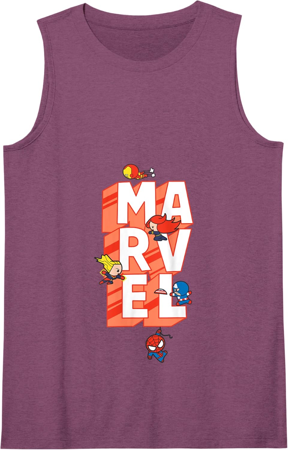 image:imageAmazon Essentials Marvel Block Letters With Five Tiny Super Heroes Tank TopPurple