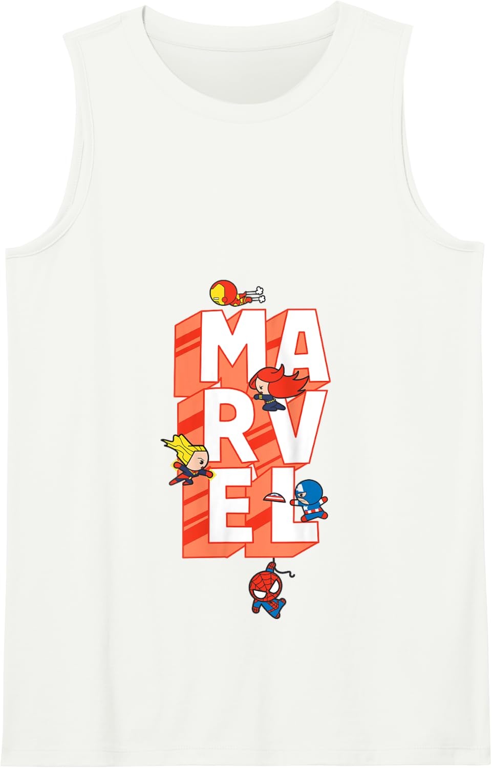 image:imageAmazon Essentials Marvel Block Letters With Five Tiny Super Heroes Tank TopWhite