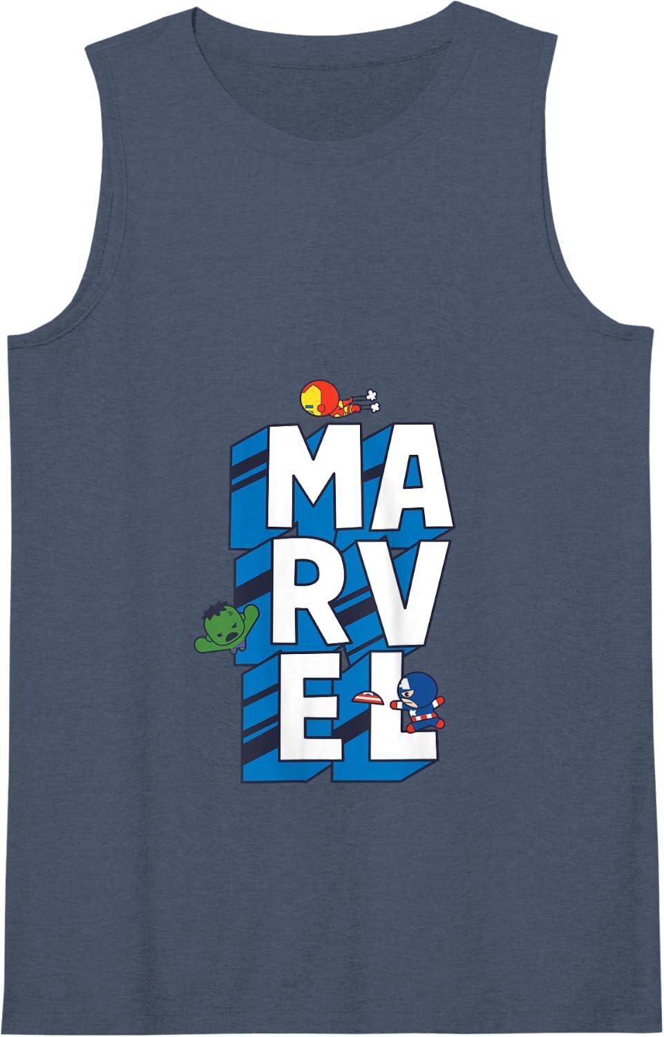 image:imageAmazon Essentials Marvel Block Letters With Three Tiny Super Heroes Tank TopNavy Blue