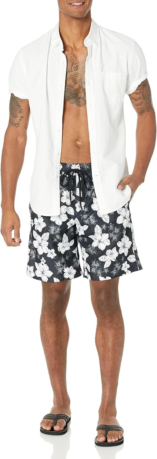 image:imageAmazon Essentials Mens Mens 9 QuickDry Lightweight Breathable Swim Trunk with Mesh LinerBlack Hibiscus Flower