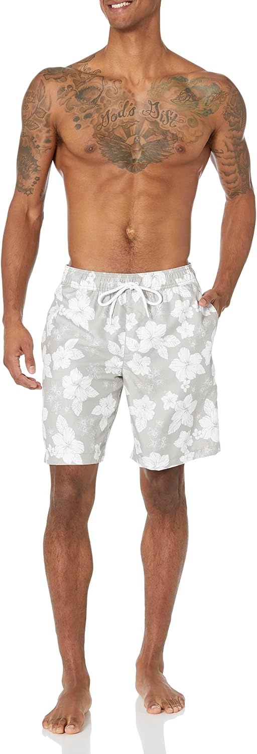 image:imageAmazon Essentials Mens Mens 9 QuickDry Lightweight Breathable Swim Trunk with Mesh LinerGrey Hibiscus Print