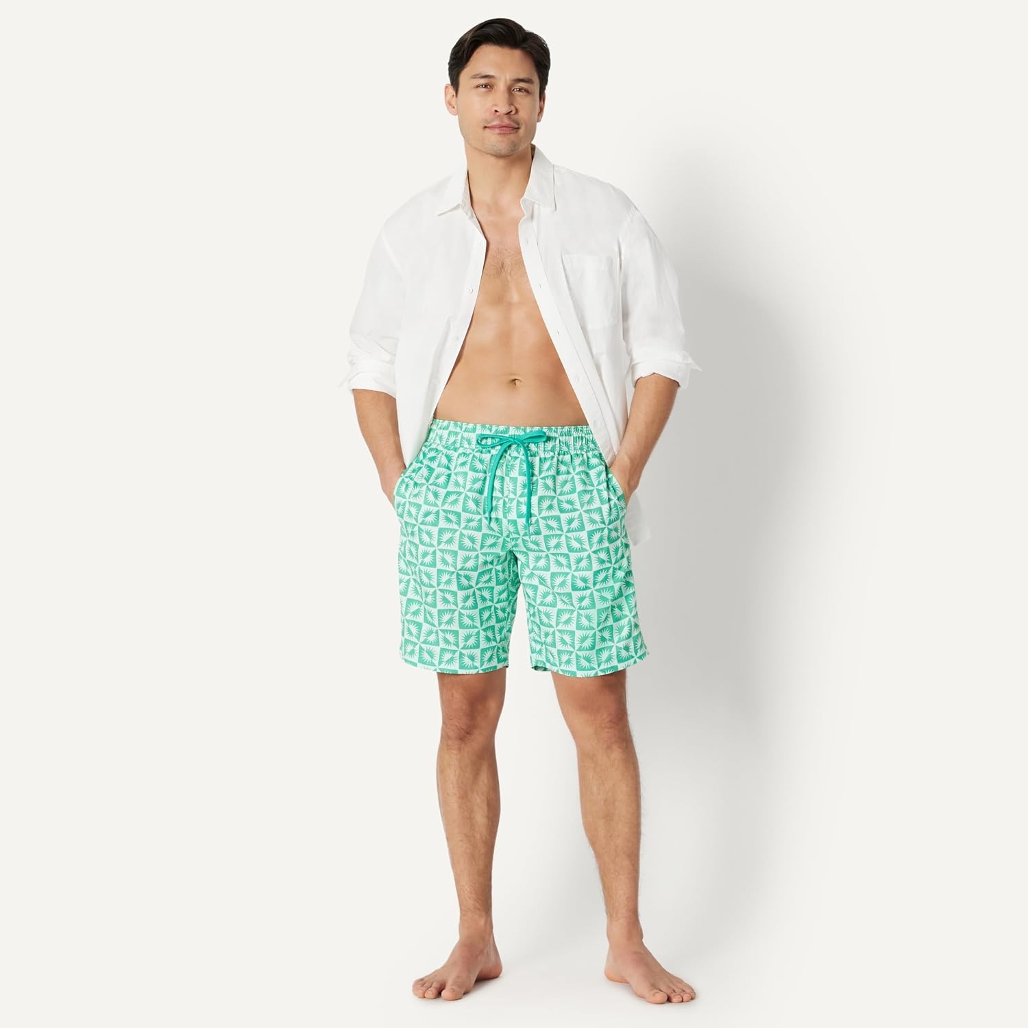 image:imageAmazon Essentials Mens Mens 9 QuickDry Lightweight Breathable Swim Trunk with Mesh LinerLight Blue Mint Green Sun Geo