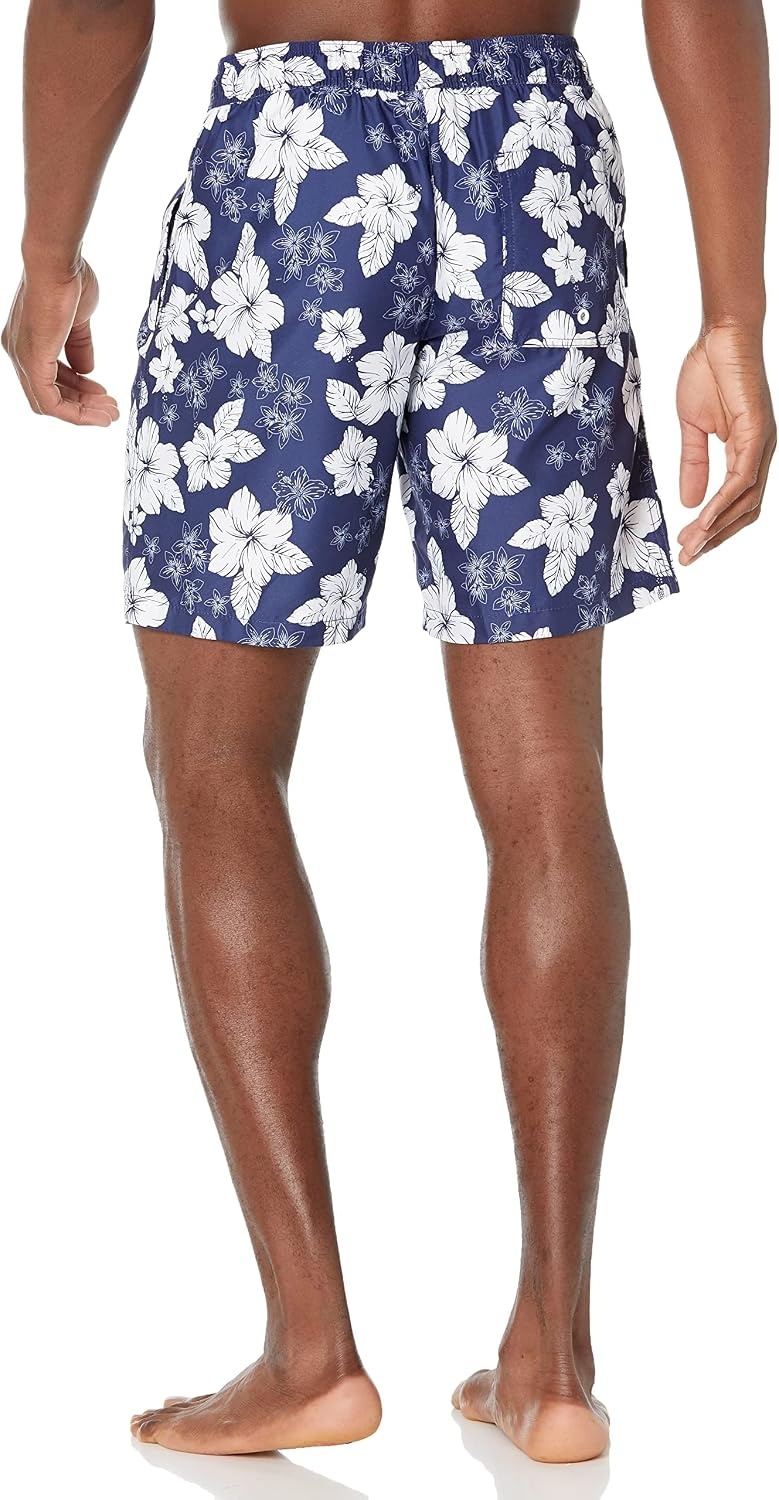 image:imageAmazon Essentials Mens Mens 9 QuickDry Lightweight Breathable Swim Trunk with Mesh LinerNavy Hibiscus Flower