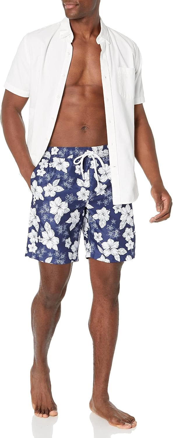 image:imageAmazon Essentials Mens Mens 9 QuickDry Lightweight Breathable Swim Trunk with Mesh LinerNavy Hibiscus Flower
