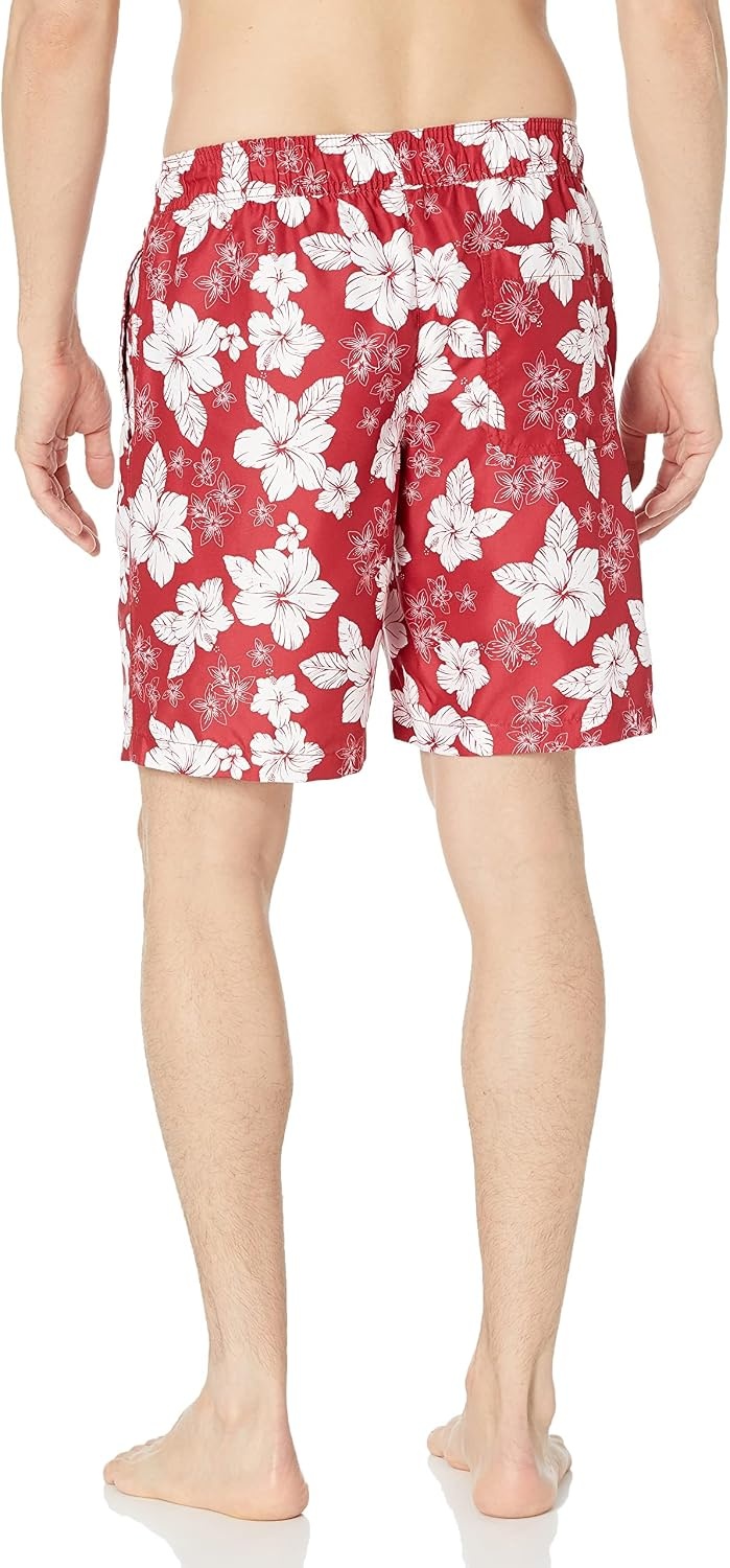image:imageAmazon Essentials Mens Mens 9 QuickDry Lightweight Breathable Swim Trunk with Mesh LinerRed Hibiscus Flower