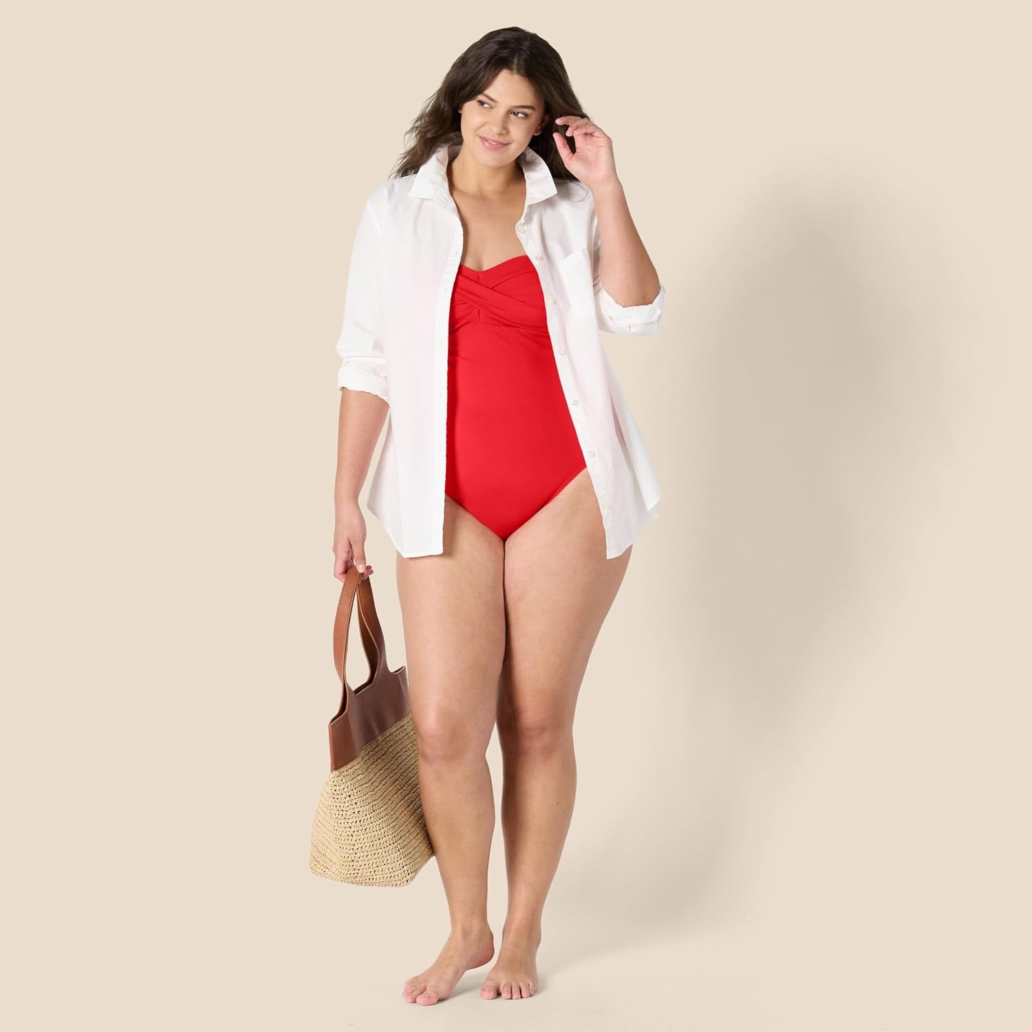 image:imageAmazon Essentials Womens Bandeau One Piece SwimsuitBright Poppy Red