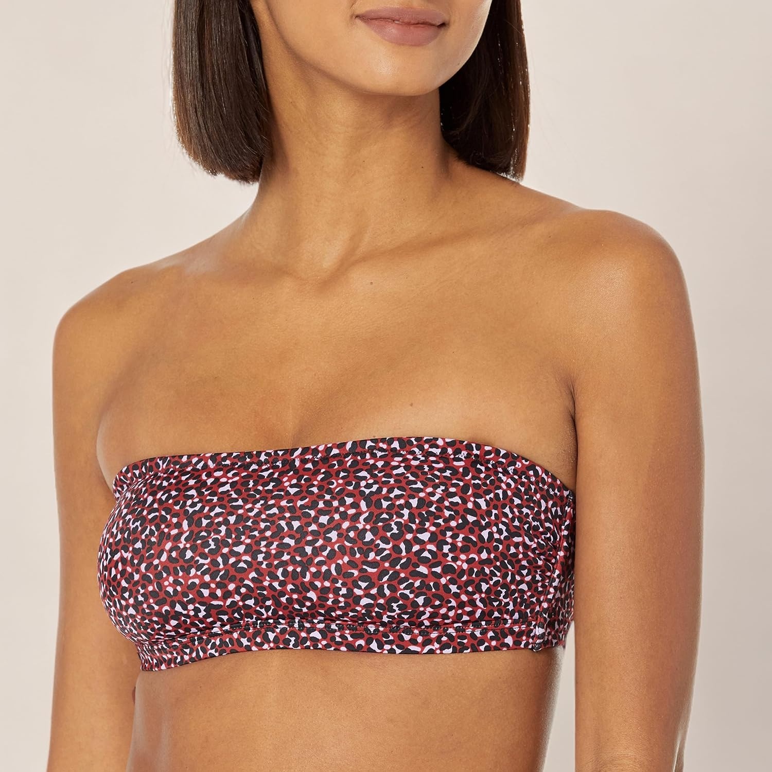 image:imageAmazon Essentials Womens Bandeau Swim Top with Removable Straps Mesh Liner Hook FastenerBrick Red Leopard