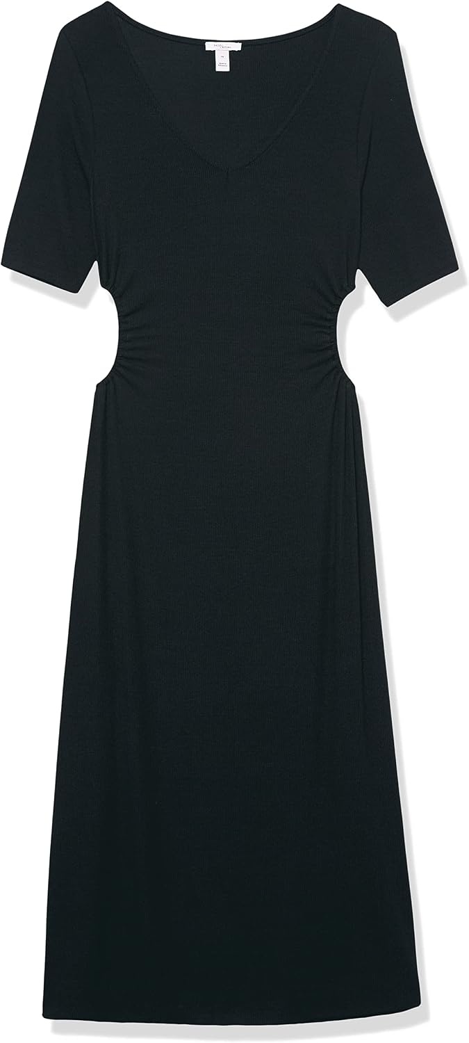 image:imageAmazon Essentials Womens Fine Rib V Neck Side CutOut Midi Dress Previously Daily RitualBlack