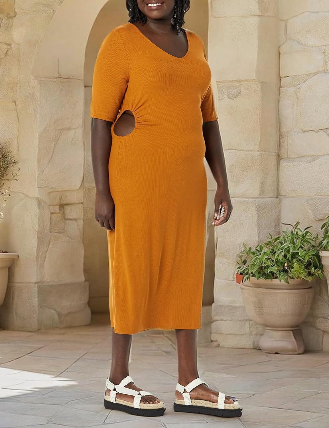 image:imageAmazon Essentials Womens Fine Rib V Neck Side CutOut Midi Dress Previously Daily RitualDark Caramel