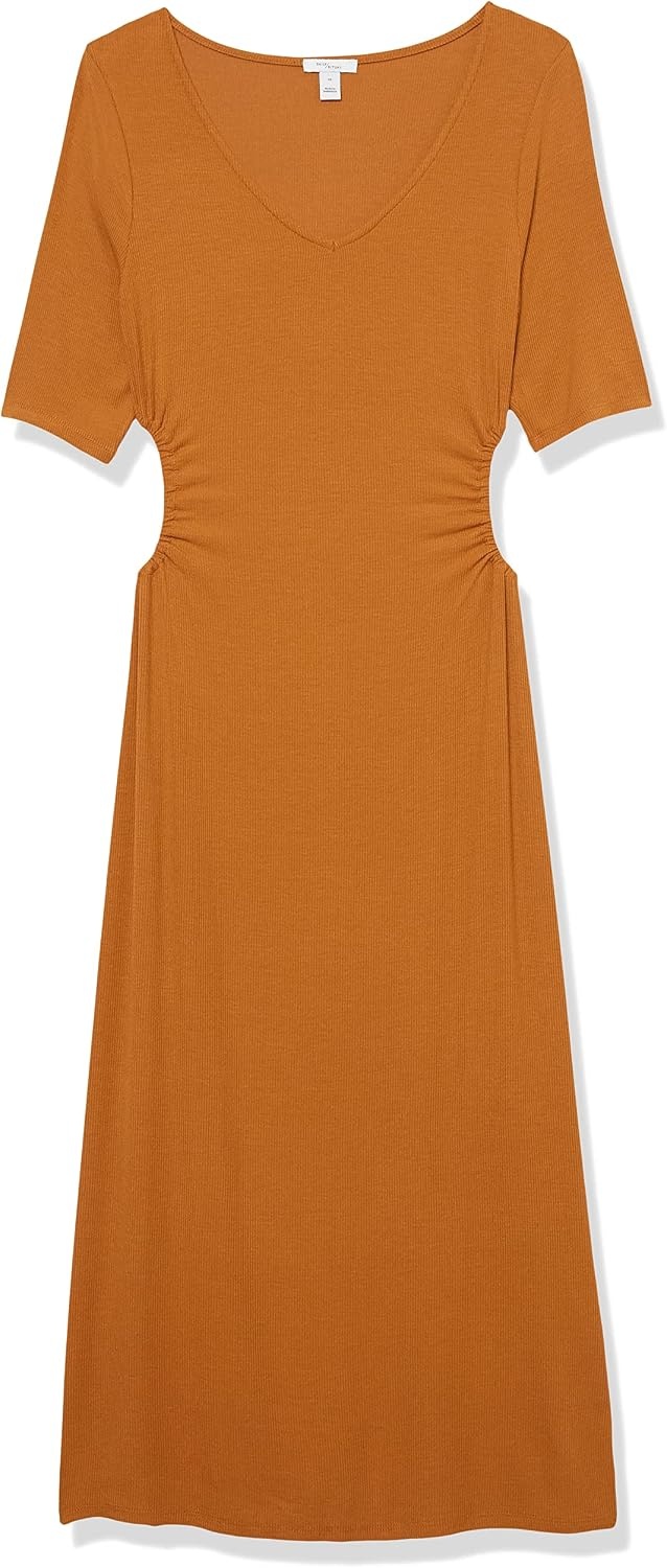 image:imageAmazon Essentials Womens Fine Rib V Neck Side CutOut Midi Dress Previously Daily RitualDark Caramel