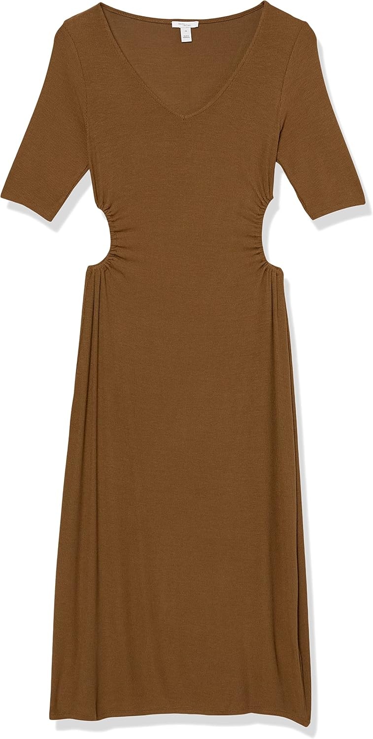 image:imageAmazon Essentials Womens Fine Rib V Neck Side CutOut Midi Dress Previously Daily RitualDark Olive