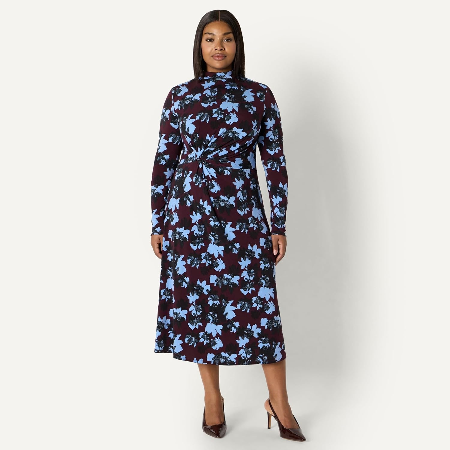image:imageAmazon Essentials Womens Fit and Flare Jersey LongSleeved Maxi DressBurgundy Blue Floral