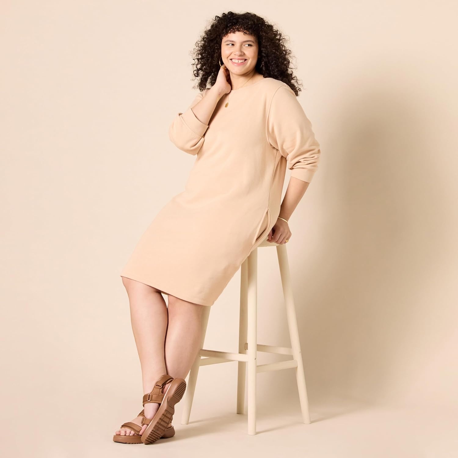 image:imageAmazon Essentials Womens Fleece Blouson Sleeve Boatneck Sweatshirt Dress Available in Plus SizeBeige