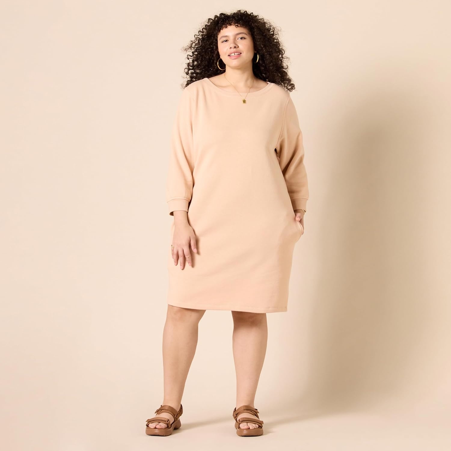 image:imageAmazon Essentials Womens Fleece Blouson Sleeve Boatneck Sweatshirt Dress Available in Plus SizeBeige