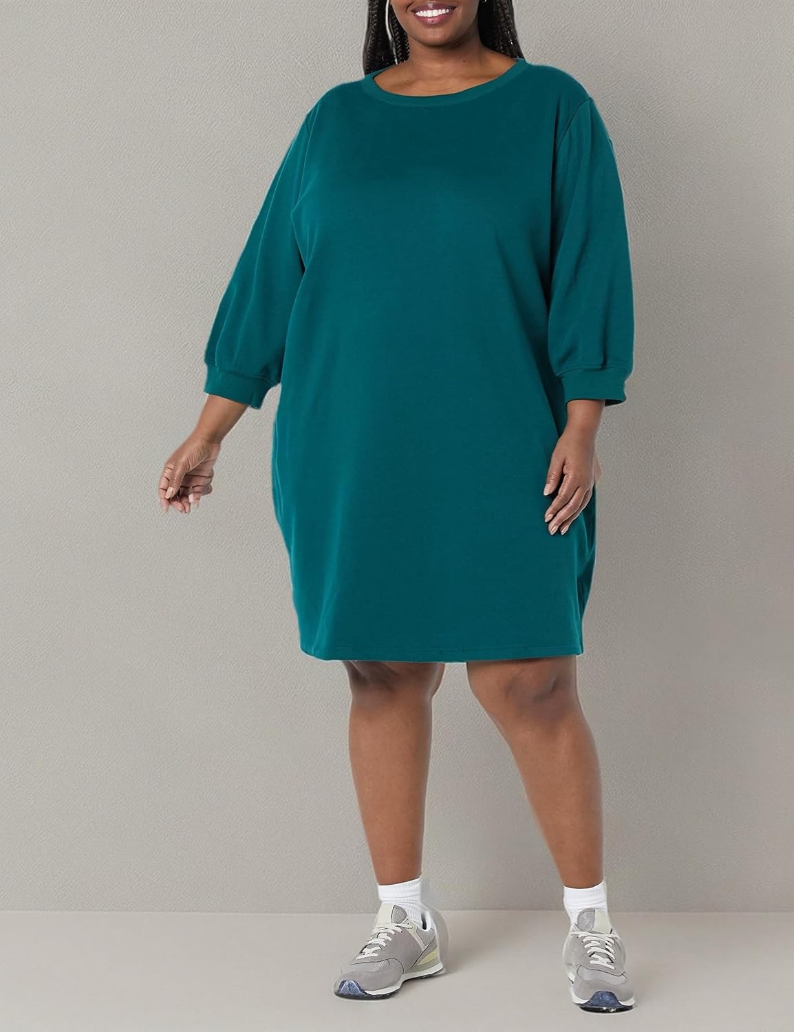 image:imageAmazon Essentials Womens Fleece Blouson Sleeve Boatneck Sweatshirt Dress Available in Plus SizeDark Green Heather