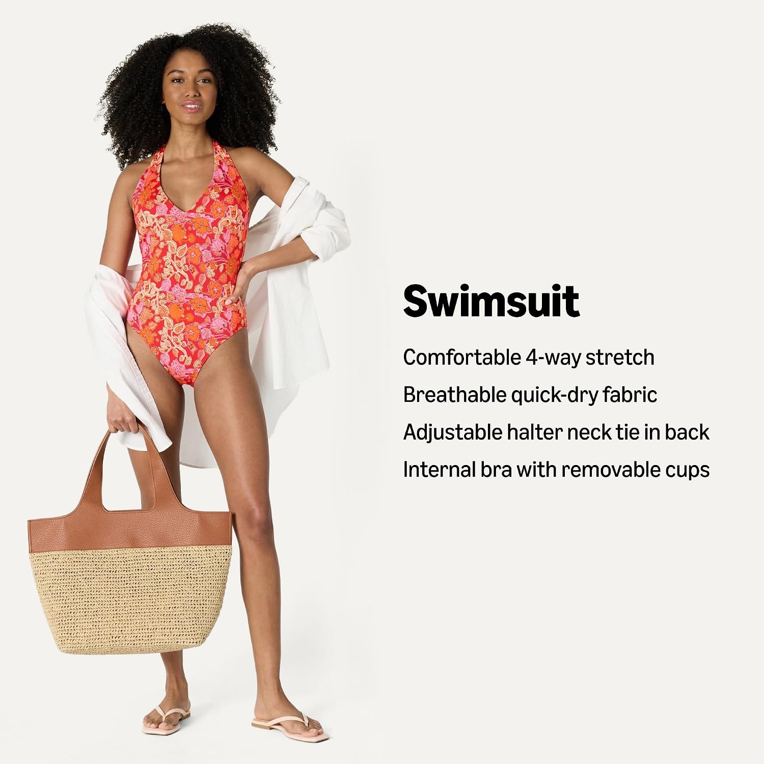image:imageAmazon Essentials Womens Halter One Piece SwimsuitBright Red Multi Folk Floral