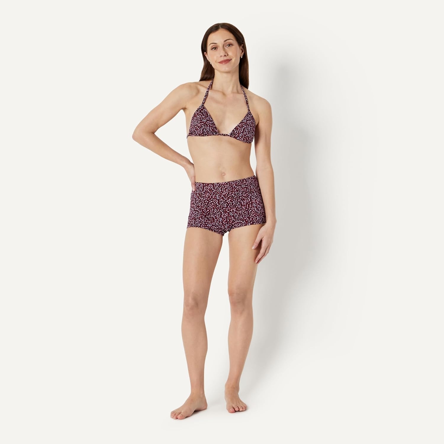image:imageAmazon Essentials Womens High Rise Boy Short Swim Bikini BottomBrick Red Lilac Leopard