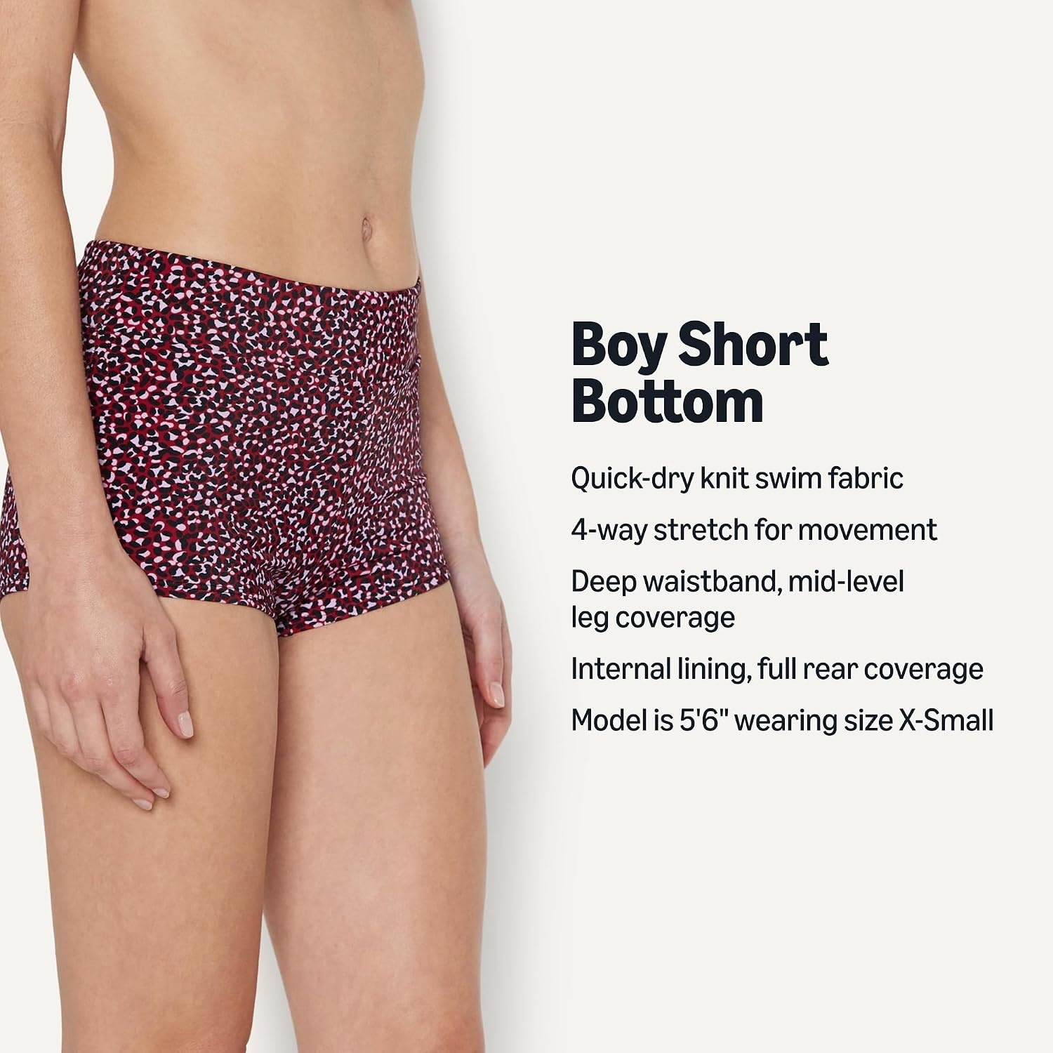 image:imageAmazon Essentials Womens High Rise Boy Short Swim Bikini BottomBrick Red Lilac Leopard