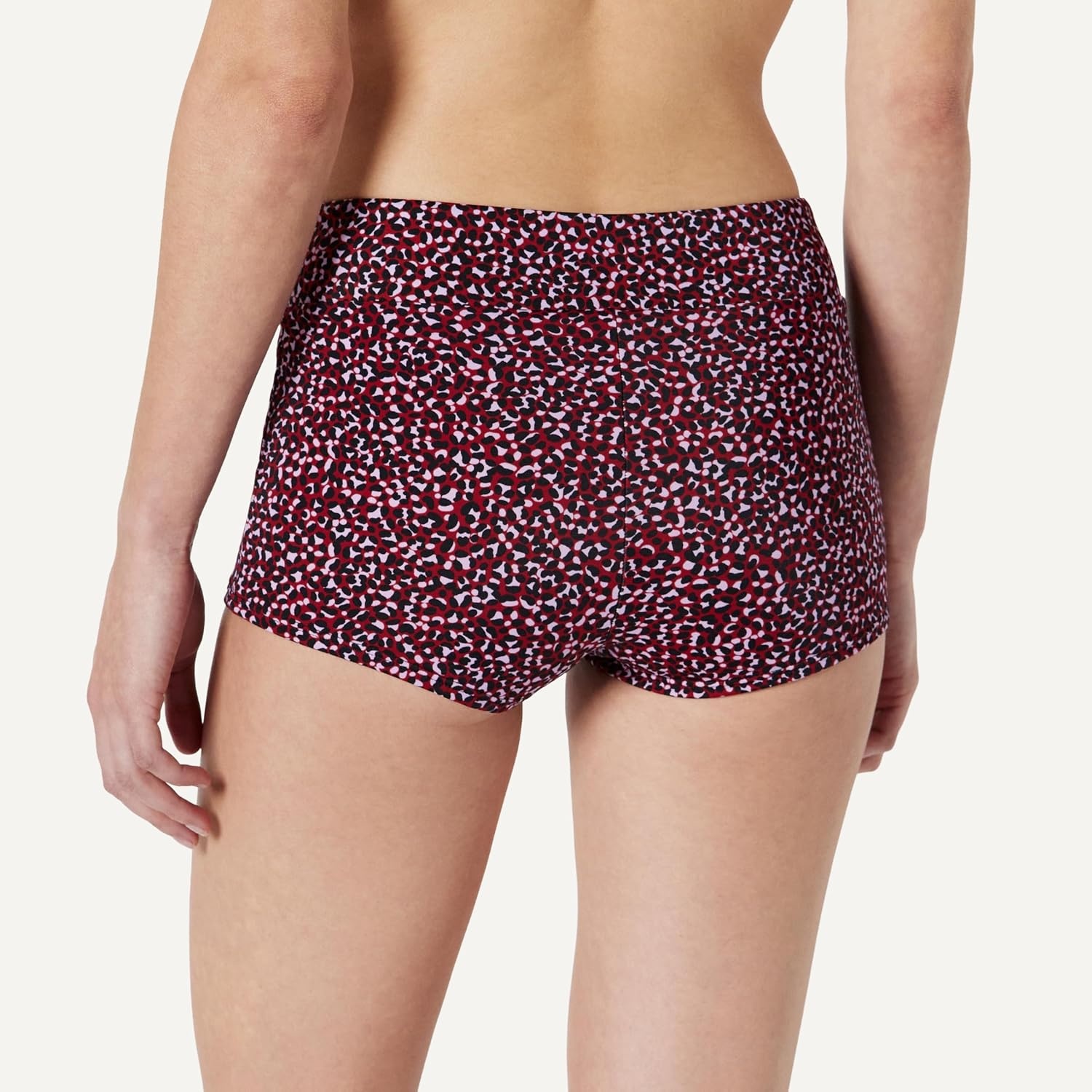 image:imageAmazon Essentials Womens High Rise Boy Short Swim Bikini BottomBrick Red Lilac Leopard