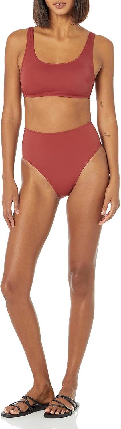 image:imageAmazon Essentials Womens High Waist High Leg Bikini BottomBrick Red