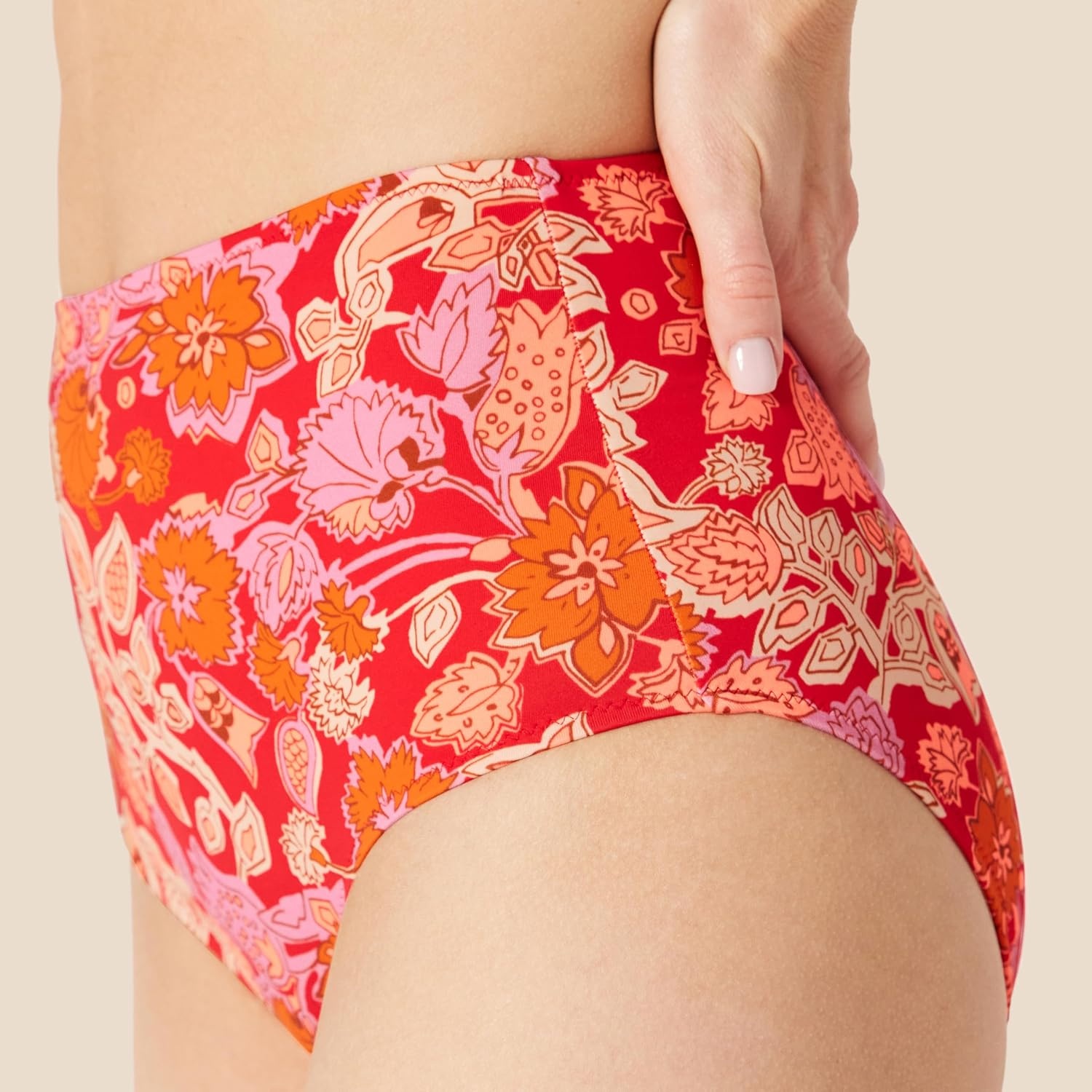 image:imageAmazon Essentials Womens High Waist Swim Bottom Available in Plus SizeBright Red Multi Folk Floral