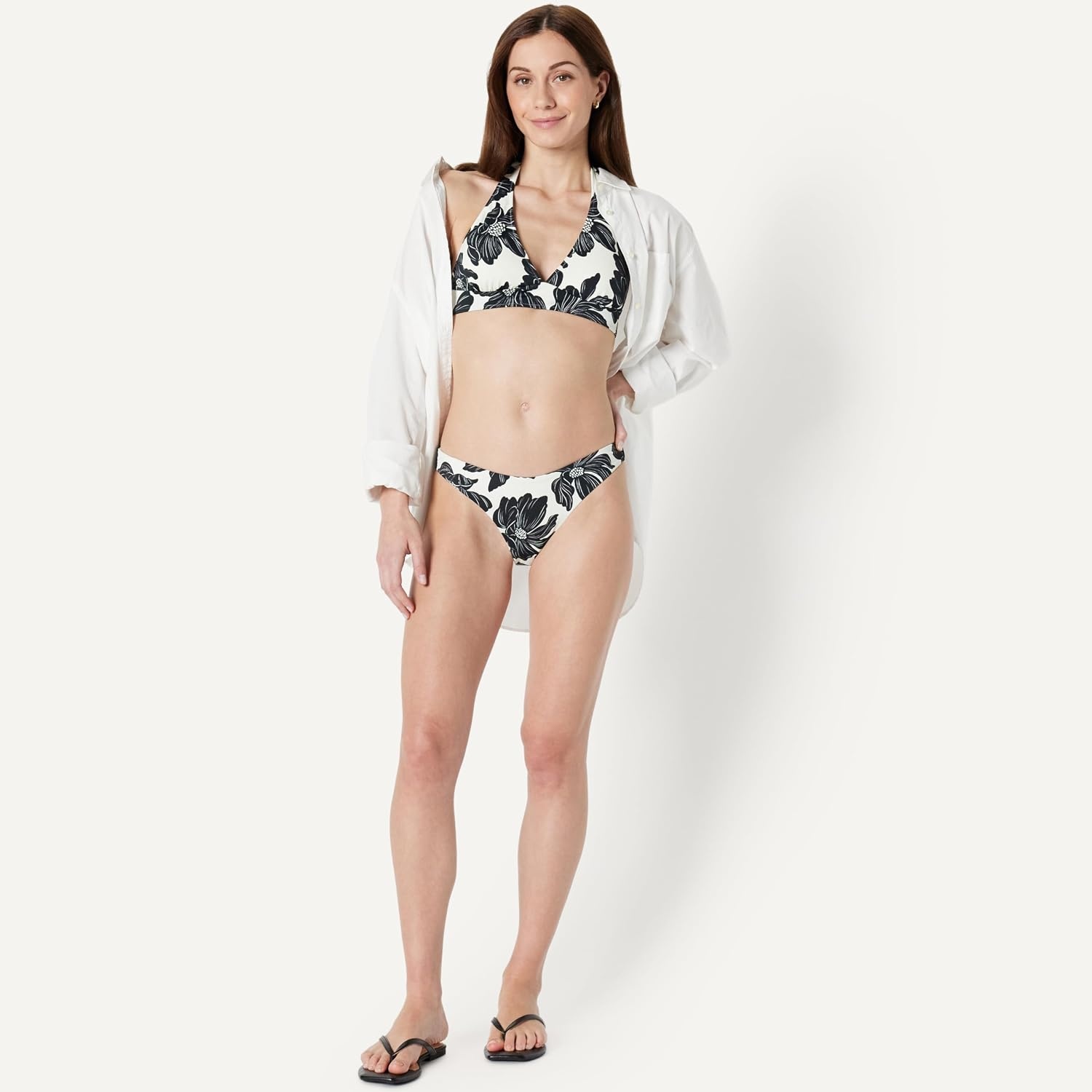image:imageAmazon Essentials Womens HighRise HighLeg Swim Bikini BottomCream Black Floral