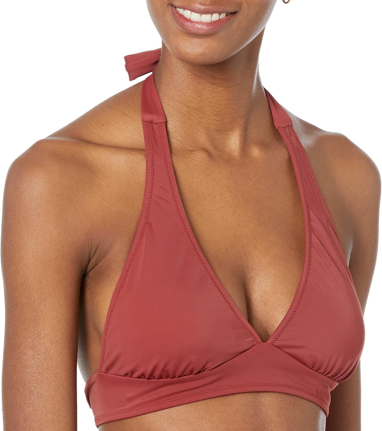 image:imageAmazon Essentials Womens LightSupport Padded Tie Halter Bikini Swimsuit Top Available in Plus SizeBrick Red