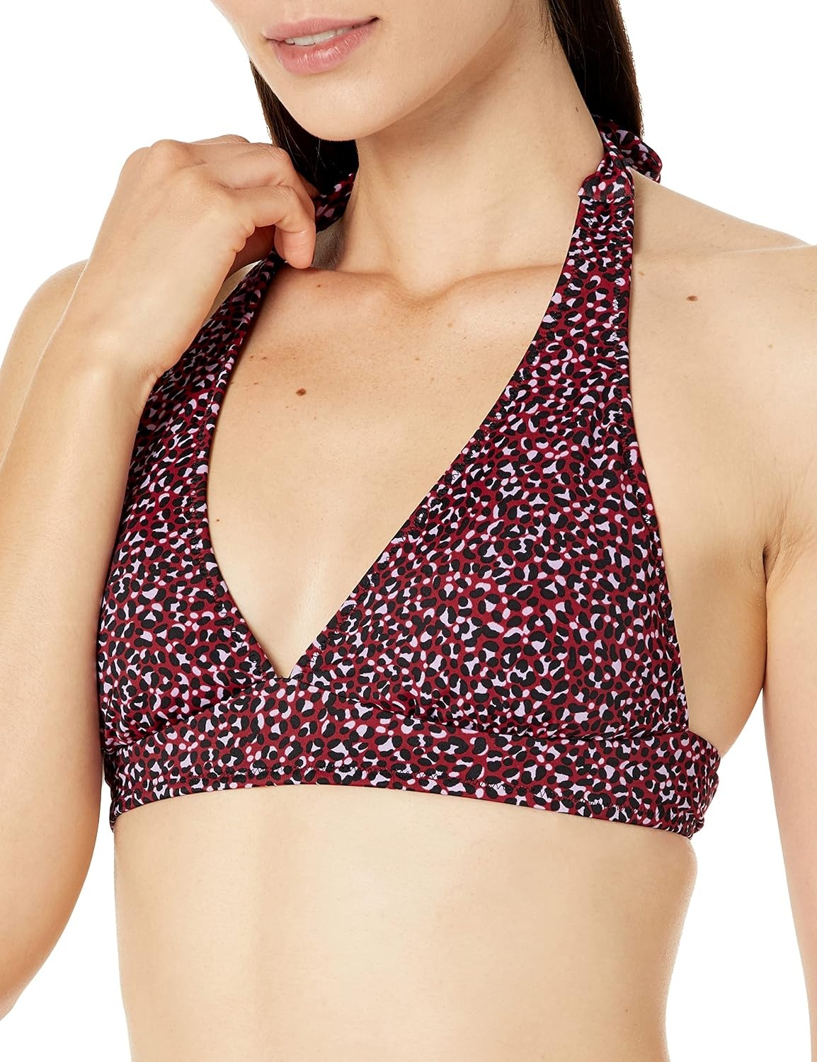 image:imageAmazon Essentials Womens LightSupport Padded Tie Halter Bikini Swimsuit Top Available in Plus SizeBrick Red Leopard