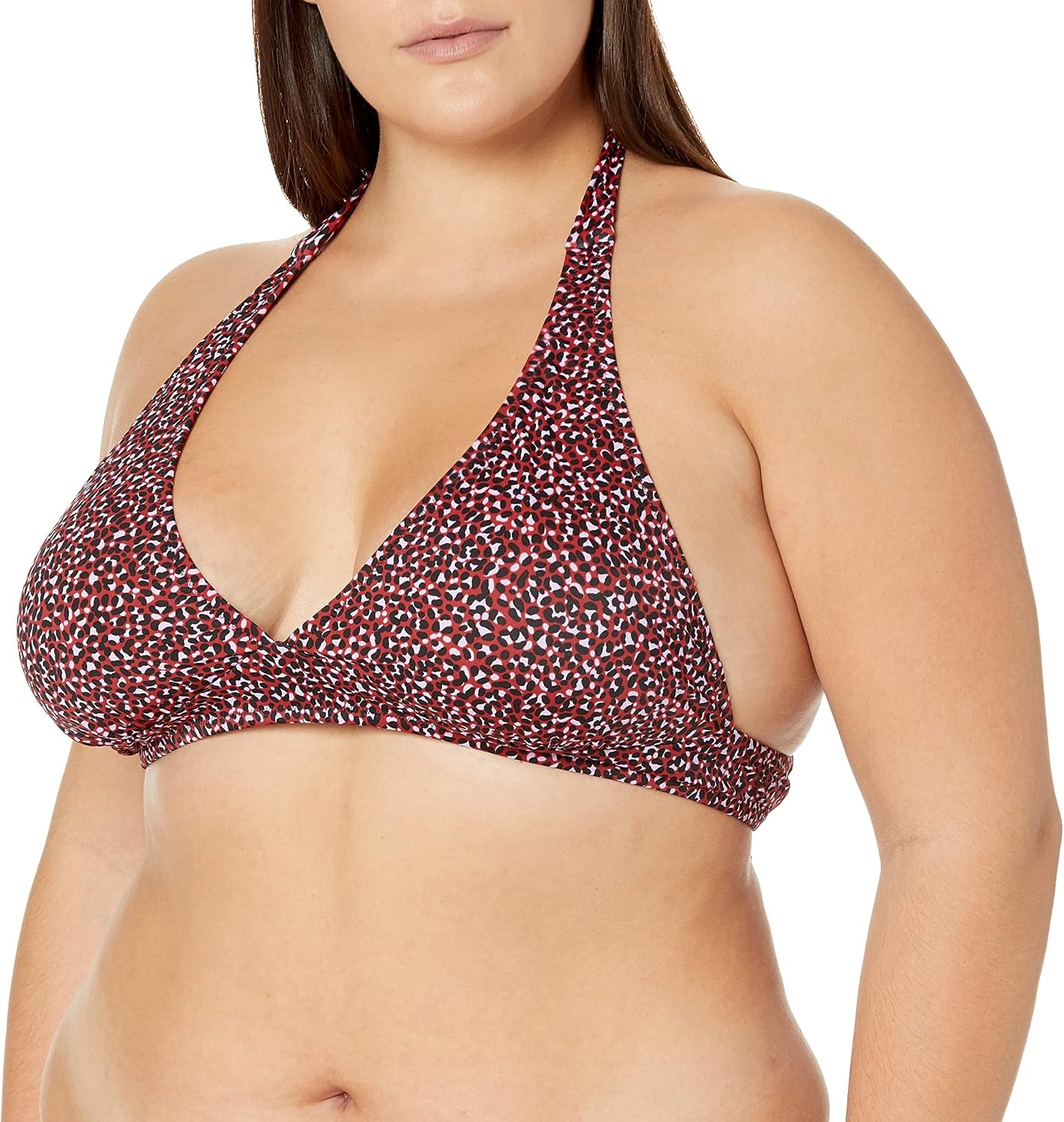 image:imageAmazon Essentials Womens LightSupport Padded Tie Halter Bikini Swimsuit Top Available in Plus SizeBrick Red Leopard