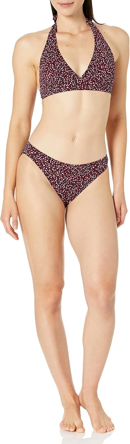 image:imageAmazon Essentials Womens LightSupport Padded Tie Halter Bikini Swimsuit Top Available in Plus SizeBrick Red Leopard