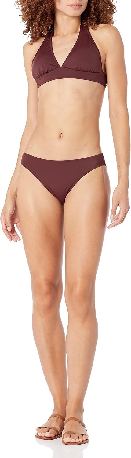 image:imageAmazon Essentials Womens LightSupport Padded Tie Halter Bikini Swimsuit Top Available in Plus SizeDeep Brown