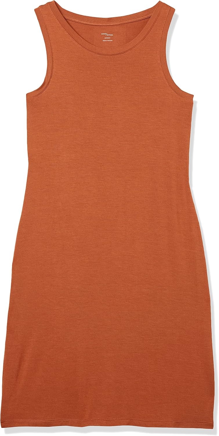 image:imageAmazon Essentials Womens Lightweight Jersey SlimFit Tank Mini DressToffee Brown