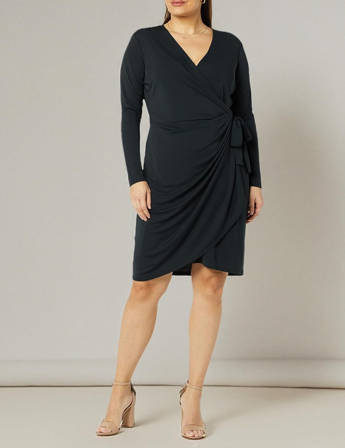 image:imageAmazon Essentials Womens Long Sleeve Classic Wrap Dress V Neck Pleated Midweight Fabric Available in Plus SizeBlack
