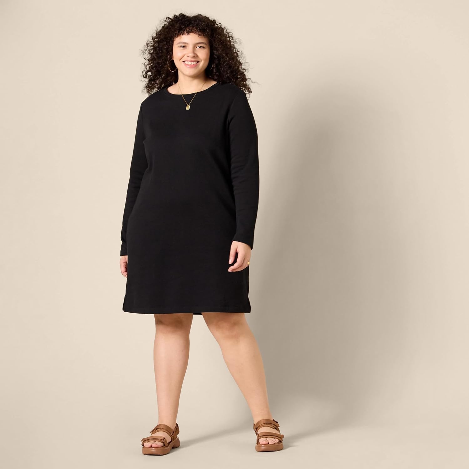 image:imageAmazon Essentials Womens Long Sleeve Crewneck Fleece AboveTheKnee Dress with Ribbed DetailBlack